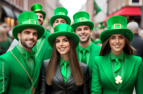 St.Patrick 's Day. A group of beautiful young guys and girls in green suits and hats celebrate St. Patrick's Day on the street. photo