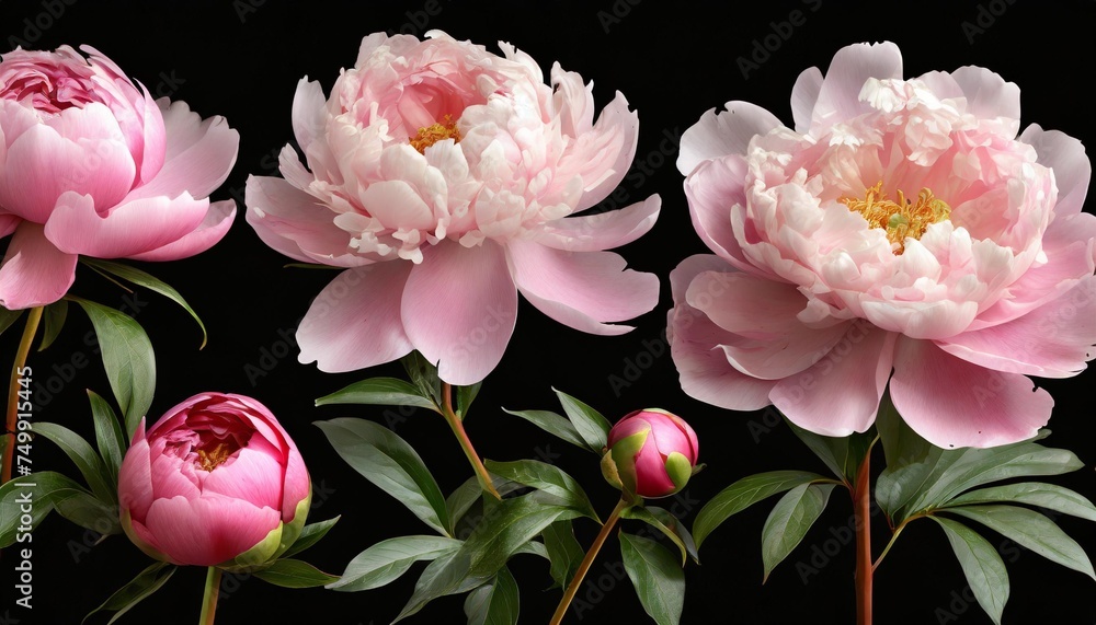 set flowers pink peonies on isolated background with clipping path closeup for design transparent background nature