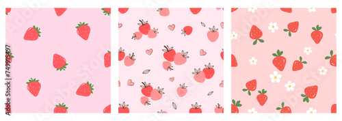 Seamless patterns with strawberry fruit, green leaf, cute flower and heart on pink backgrounds vector. Set of cute fruit print.