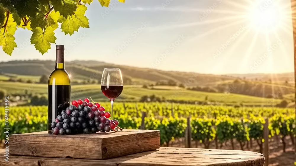 A wine glass and bottle sit on a wooden table in front of a vineyard.