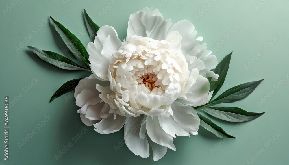 flat lay with white peony flower close up on pastel light green color