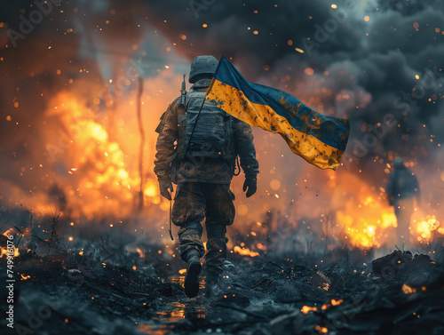 Ukrainian soldier of the territorial battalion during combat operations in fire and explosions. The concept of war and Russian attack on Ukraine. photo