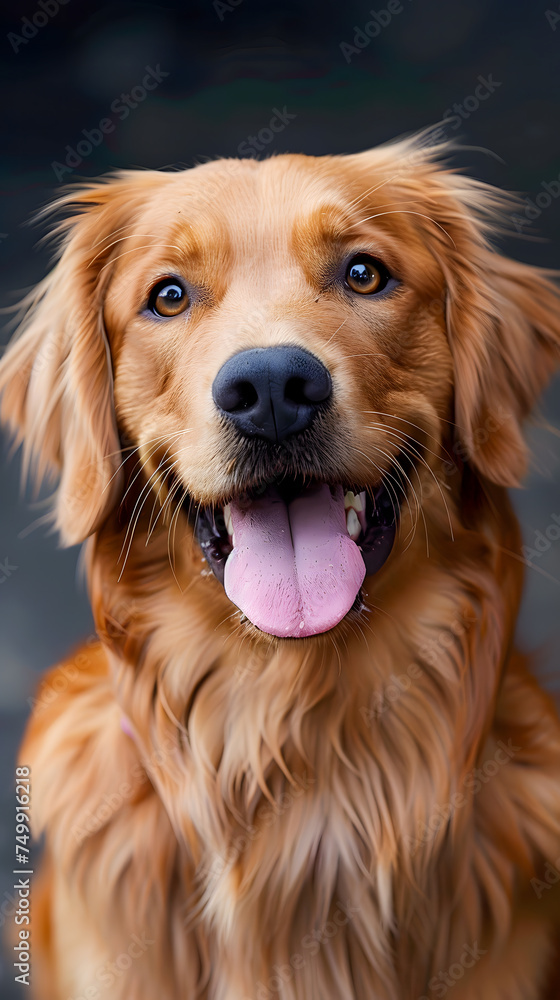 Happy golden retriever with a bright smile and a pink tongue.
