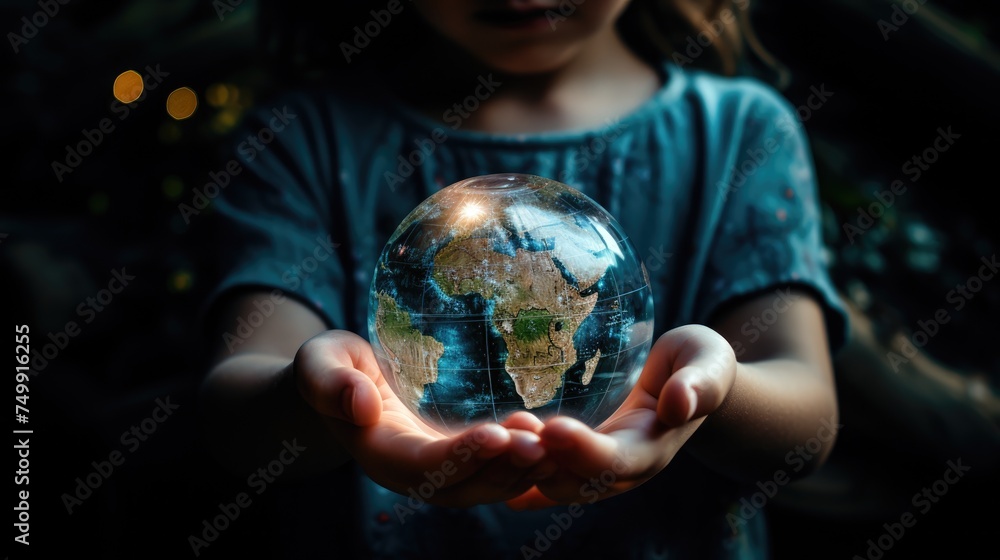 Close-up of two small hands of a child holding a small fragile sphere of Earth in his palms. Peace on earth. Ecology. Earth Day. Close-up of two small hands of a child holding a small fragile sphere of Earth in his palms. Peace on earth. Ecology. Earth Day.