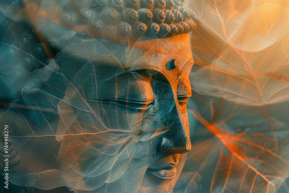 Magha Asanha Visakha Puja Day , Buddha statue , bodhi leaf with double exposure and len flared , soft image and soft focus style - generative ai - obrazy, fototapety, plakaty 