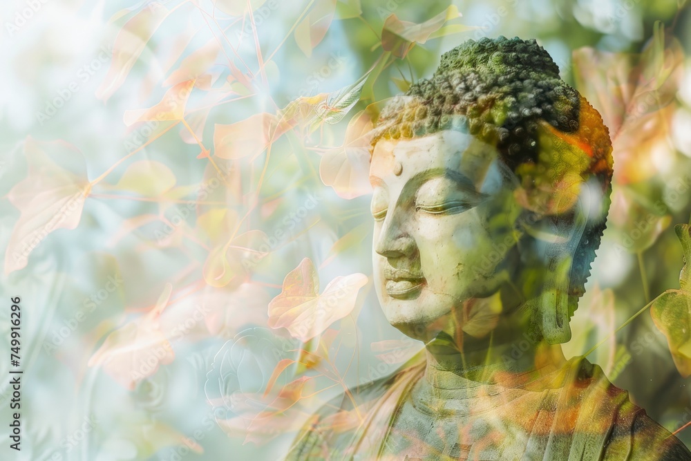 Magha Asanha Visakha Puja Day , Buddha statue , bodhi leaf with double exposure and len flared , soft image and soft focus style - generative ai