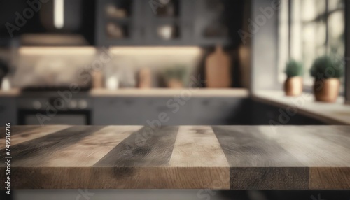wooden table top view for product montage over blurred kitchen interior background