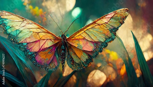 large stunningly beautiful fairy wings fantasy abstract paint colorful butterfly sits on garden the insect casts a shadow on nature the insect has many geometric angles 3d render © Leila
