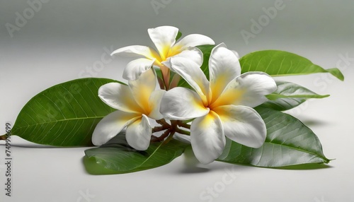 white frangipani or plumeria tropical flowers with green leaves isolated on white background © Leila