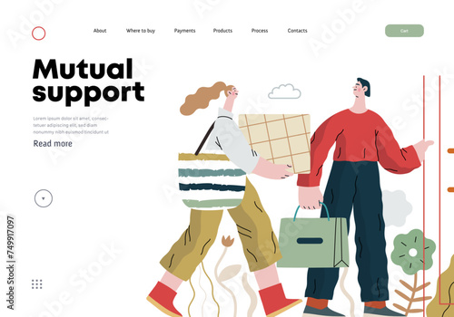 Mutual Support: Door Holding - modern flat vector concept illustration of woman carrying heavy box and man holding door for her. A metaphor of voluntary, collaborative exchanges of resource, services