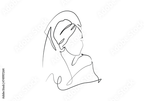 Aesthetic continuous one line drawing of woman portrait with towel on the head. Vector illustration. Pro vector