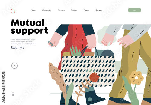 Mutual Support: Helping carry a heavy bag -modern flat vector concept illustration of a woman carrying shopping bag being assisted by man. Metaphor of voluntary, collaborative exchanges of services