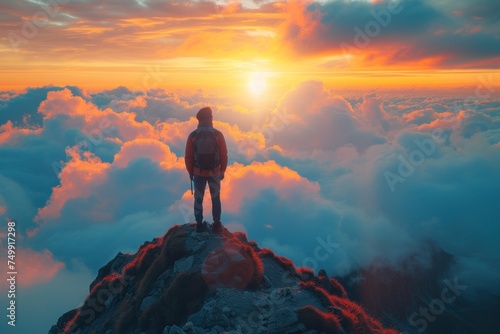 A sense of confidence and joy: the image of a man at the top, surrounded by a beautiful sunset sky and slowly floating clouds