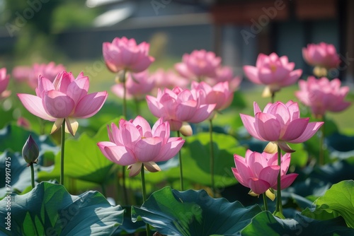 The splendor of nature  the pink lotus reveals its beauty on the mirrored surface of the pond