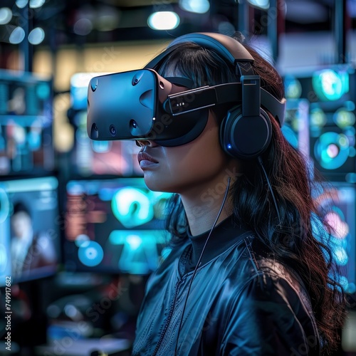 A young woman is wearing VR glasses and experiencing a digital world, showcasing the blend of entertainment and advanced technology. © Firuz