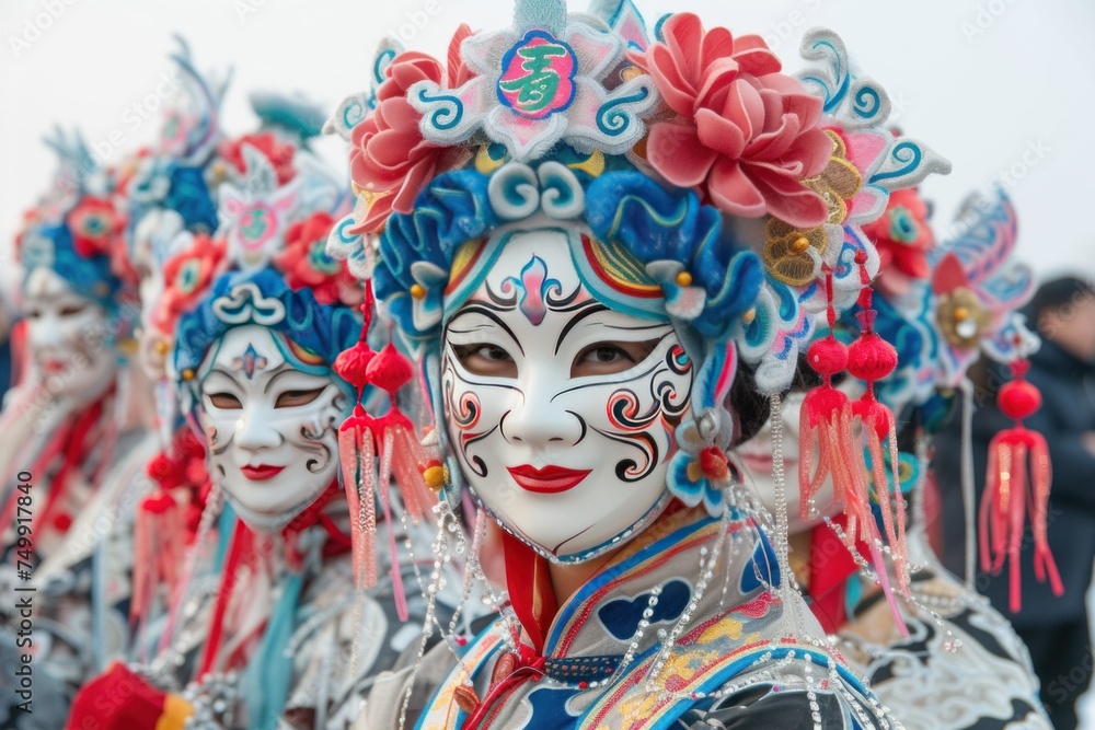 A captivating procession of tradition: people in unique masks and costumes, immersed in an atmosphere of mystery and splendor