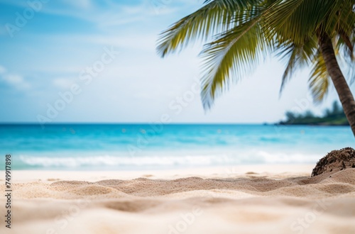 vacation background with beach sand ocean and palm trees. copy space