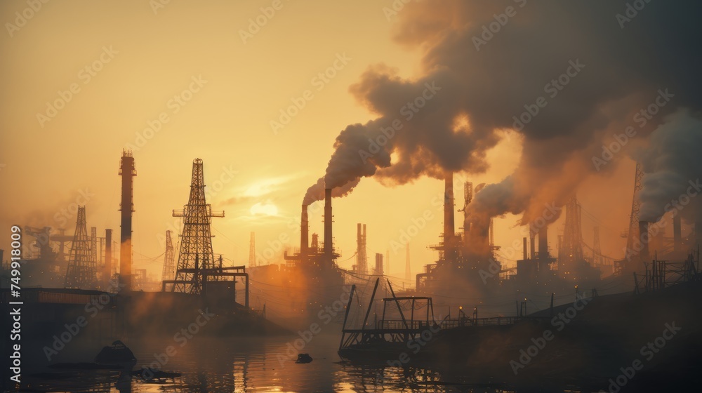 Sunset view of industrial smokestacks