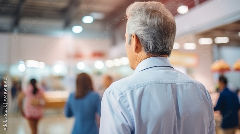 Rear view of an elderly man shopping, with soft focus on people and products in background Rear view of an elderly man shopping, with soft focus on people and products in background