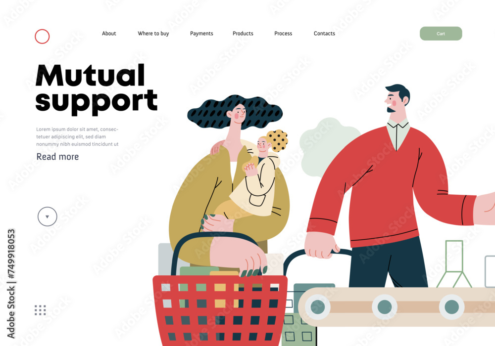 Mutual Support: Skip ahead in line -modern flat vector concept illustration of man letting woman with child go ahead in shop checkout line A metaphor of voluntary, collaborative exchanges of services Mutual Support: Skip ahead in line -modern flat vector concept illustration of man letting woman with child go ahead in shop checkout line A metaphor of voluntary, collaborative exchanges of services