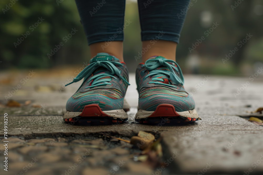 Close-up of a runner's feet in colorful athletic shoes. Close-up of a runner's feet in colorful athletic shoes.