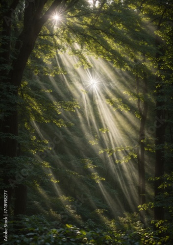 A quiet forest scene with gentle sunlight shining through the canopy 