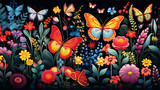 A vector image of a butterfly garden with colorful flowers.