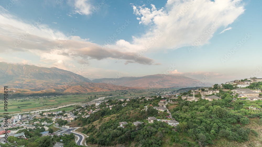 Panorama showing Gjirokastra city from the viewpoint of the fortress of the Ottoman castle of Gjirokaster timelapse.