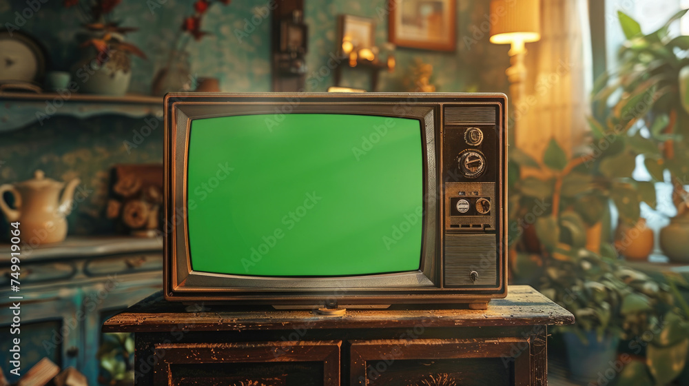 Old retro box tv with green screen mock up on table. Vintage television set with chroma key template. Empty mockup, blank space. Old fashion tv on wooden table in horizontal position. Home background.