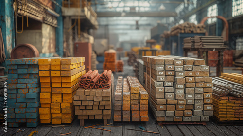 Raw Materials Piles of steel beams, coils of wire, textiles, wood, and other building blocks of industry. Image generated by AI