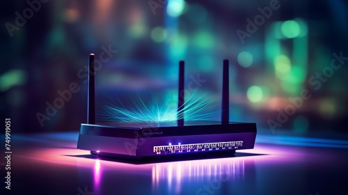 High speed router for secure home networks and online communication on blurred color background