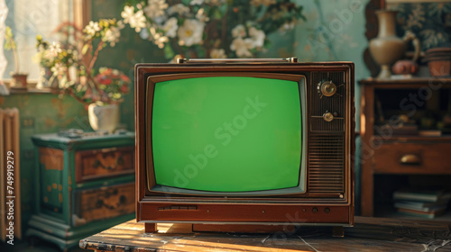 Old retro box tv with green screen mock up on table. Vintage television set with chroma key template. Empty mockup, blank space. Old fashion tv on wooden table in horizontal position. Home background. photo