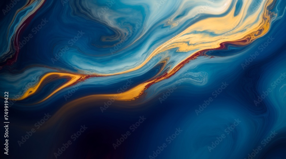 Abstract liquid art of mesmerizing swirling blue and gold hues 