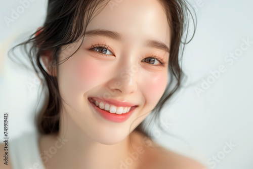 Portrait of beautiful Asian teenager in korean style makeup on white background. Copy space