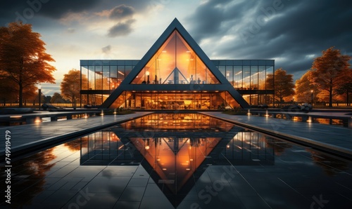 a symmetrical building reflecting in a glass facade 