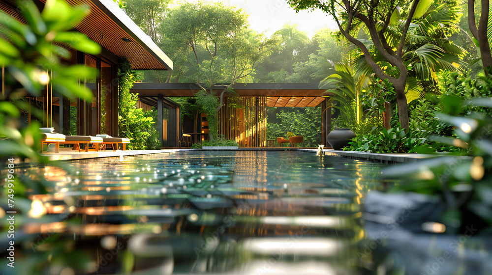 Tropical Vacation Paradise with a Modern Hotel, Blue Pool, and Lush Greenery in Bali, Indonesia