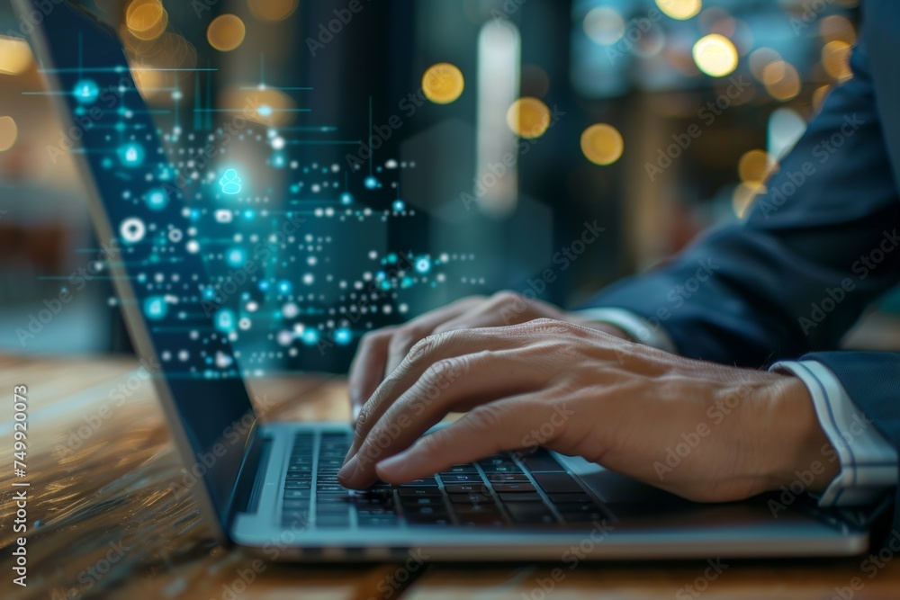 Close up of a businessman's hand typing on a laptop for internet network security. Cyber security and privacy concepts to protect data.
Close up of a businessman's hand typing on a laptop for internet network security. Cyber security and privacy concepts to protect data.