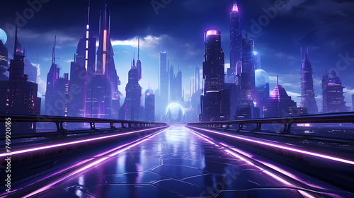 Future city, neon lights and high-rise buildings © xuan