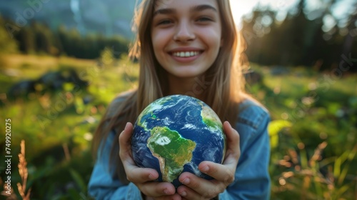 Young child holding a globe. Concept to save the planet, Earth Day, sustainable living, ecology environment, climate emergency action, World Environment Day, illustration for global warming. 