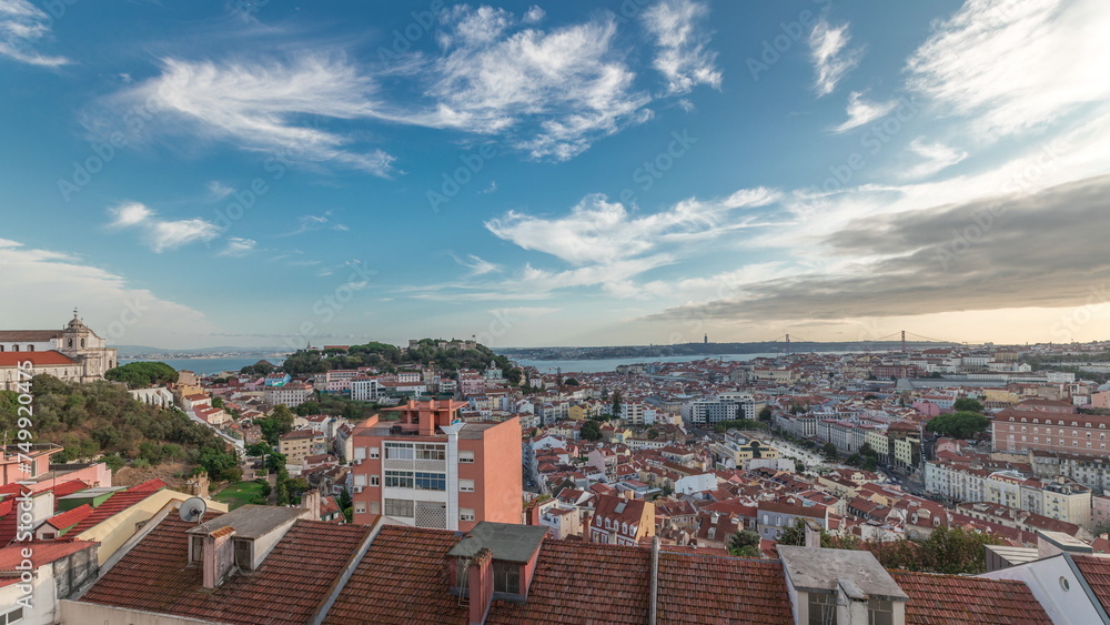 Panorama showing Lisbon famous aerial view from Miradouro da Senhora do Monte tourist viewpoint timelapse