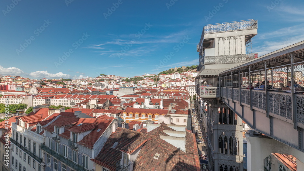 Panorama showing Alfama and Baixa districts of Lisbon aerial timelapse from anta Justa lift, Portugal