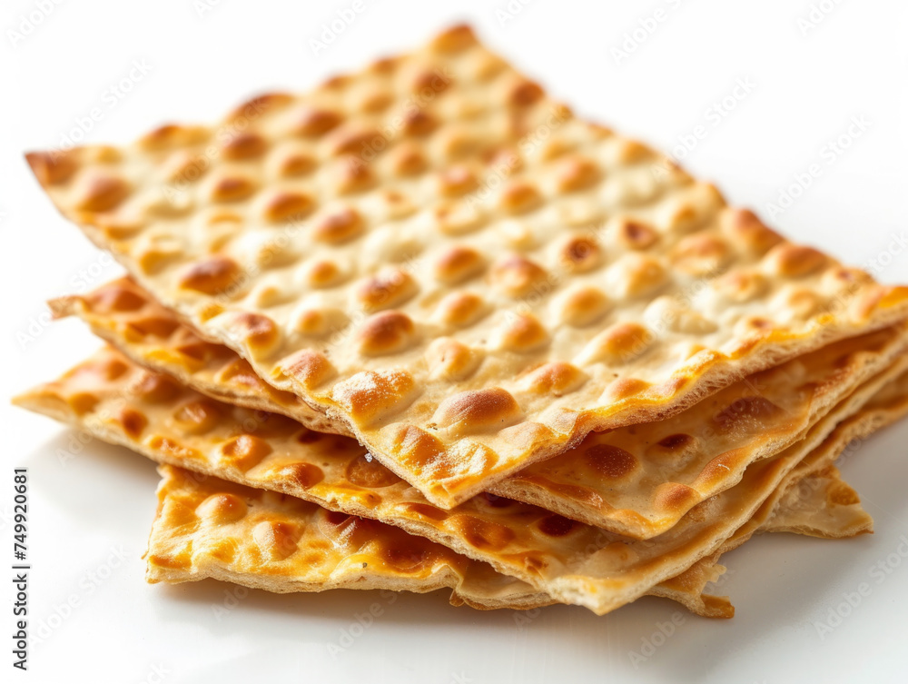 Stack of crisp matzo flatbreads angled top-down view isolated on white background. Perfect for Passover holiday concepts and food design with copy space Stack of crisp matzo flatbreads angled top-down view isolated on white background. Perfect for Passover holiday concepts and food design with copy space