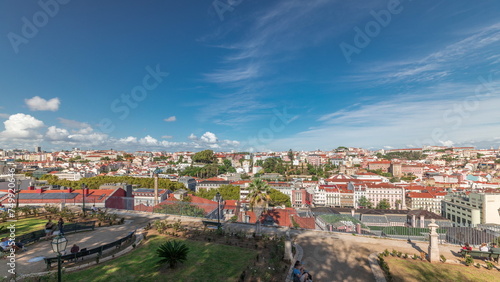 Panorama showing aerial view over the center of Lisbon timelapse from Miradouro de Sao Pedro de Alcantara
