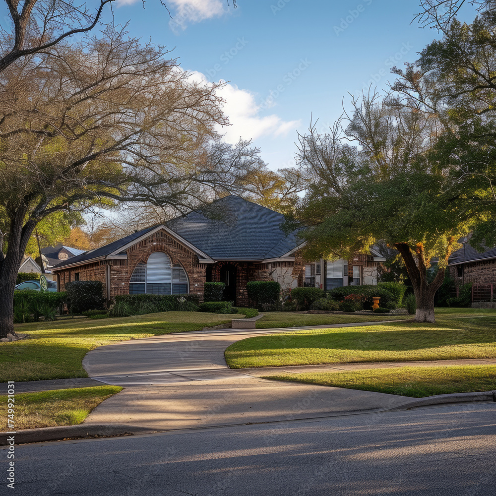 Single-story suburban home in Texas with lush landscaping and clear blue sky, street view Single-story suburban home in Texas with lush landscaping and clear blue sky, street view