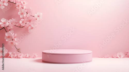 Product podium stage with spring branch of blossom tree on pastel pink color background, mock up for product presentation