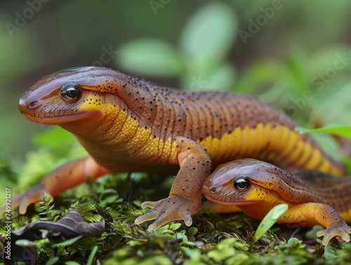 Two orange newts on the forest floor, a close-up into their delicate world.