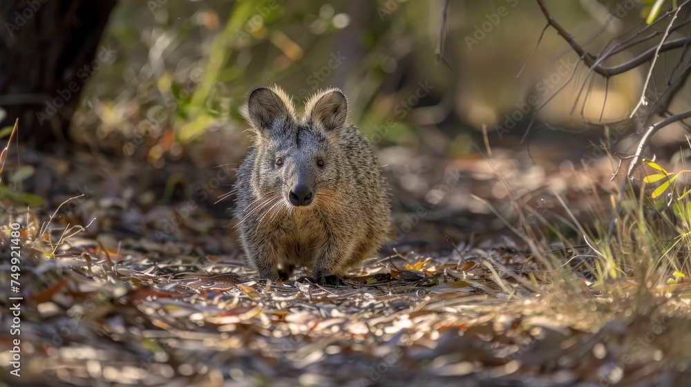 An alert numbat forages among the foliage, camouflaged by its striking stripes. An alert numbat forages among the foliage, camouflaged by its striking stripes.