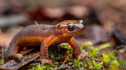 A curious newt on a log, showcasing its bright orange colour and textured skin.