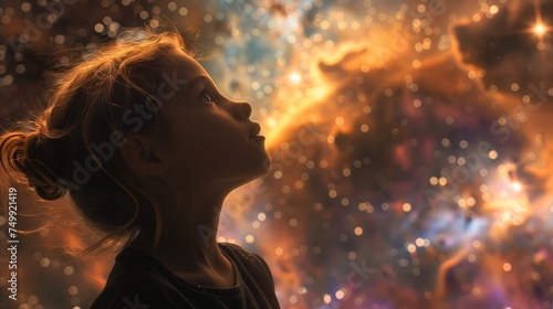 Young girl gazing into a starry cosmos, a moment capturing the awe and wonder of the universe through the eyes of childhood curiosity.
