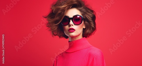 woman in pink sweater and black glasses over pink background